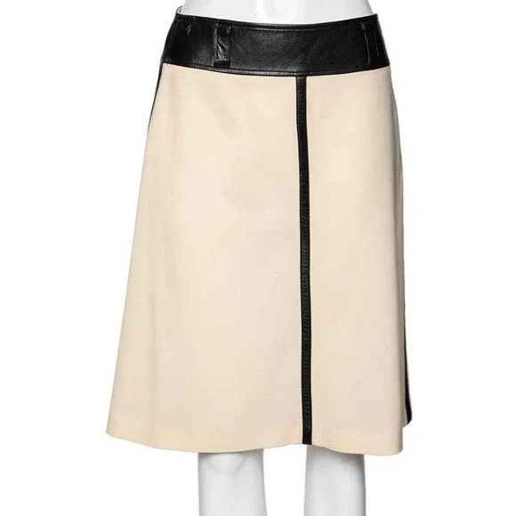 Dolce & Gabbana Wool Skirt Leather Trim A-Line Knee Length Ivory Black S‎